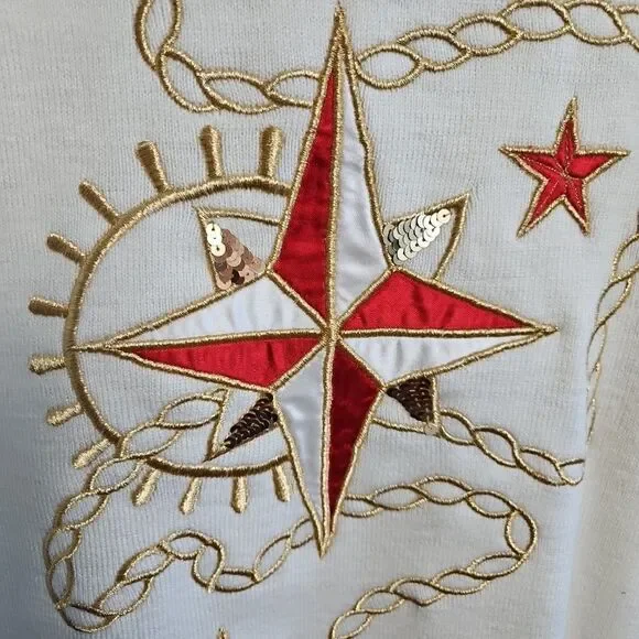 Lucia Women's Sz Med Red White Tunic Sweater Nautical embroidery embellished - Picture 2 of 12